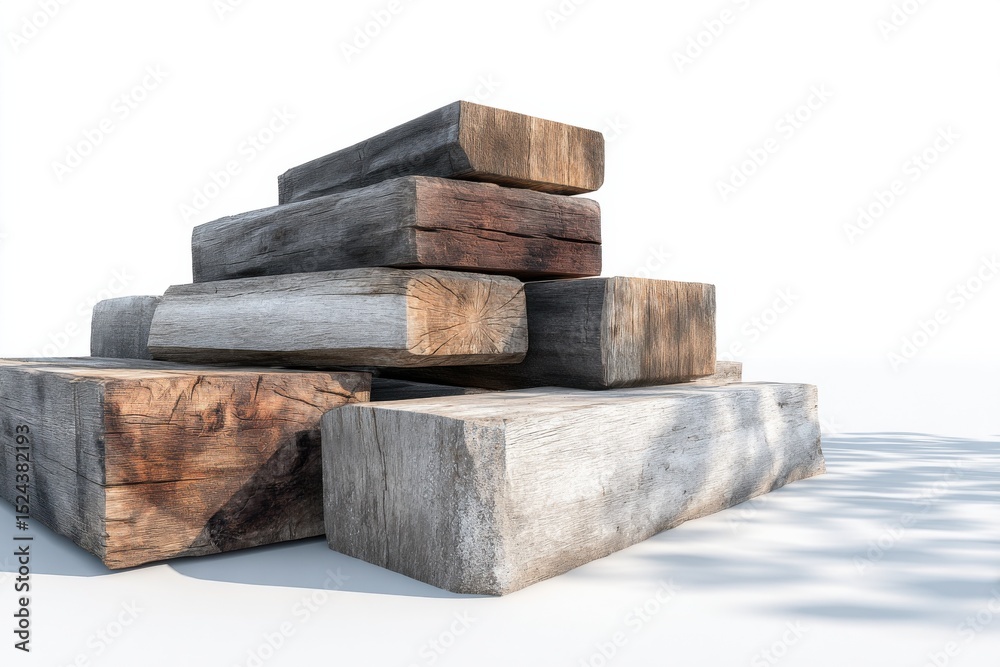 Poster stacked wooden beams on white background, symbolizing strength and sustainable construction in archi