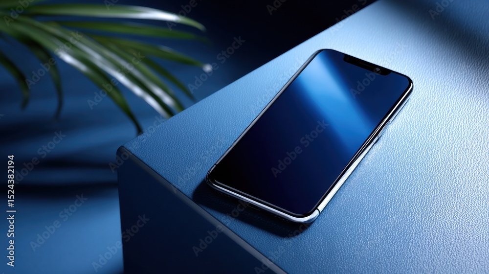 Poster modern smartphone on blue surface with palm leaf, showcasing mobile technology and digital lifestyle