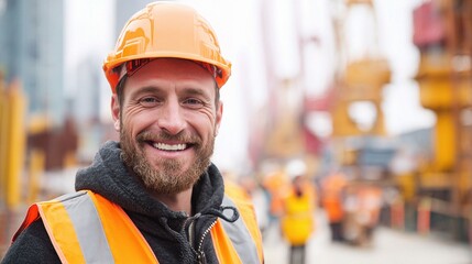 Fototapeta premium Smiling Foreman in Orange Vest and Helmet at Construction Site