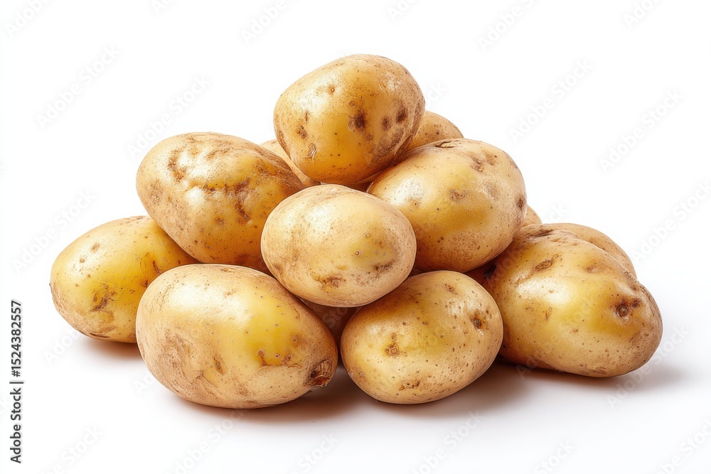 Poster pile of fresh potatoes on white background, representing organic farming and healthy eating choices 