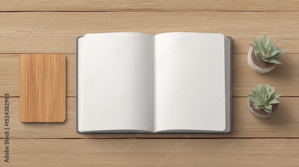 Poster open notebook on wooden desk with succulents, representing creativity and personal growth for blogge