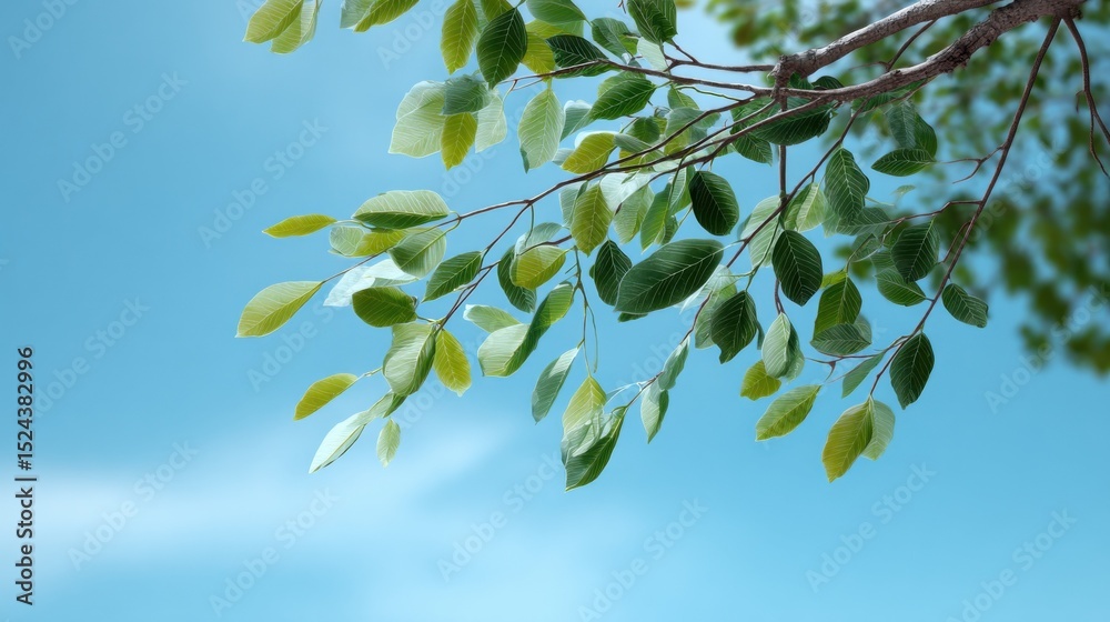 Aufkleber tree branches with fresh green leaves against blue sky, symbolizing growth and environmental awarene