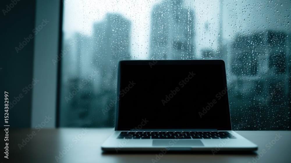 Aufkleber Laptop on a Desk With Rain on the Window, Representing Remote Work and Digital Connectivity in a Modern Workspace, Perfect for Telecommuting : Generative AI