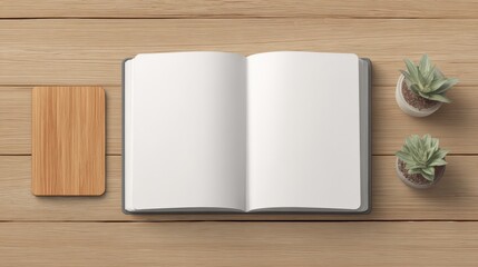 Open Notebook on Wooden Desk With Succulents, Representing Creativity and Personal Growth for Bloggers and Content Creators : Generative AI