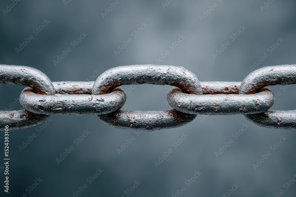 Poster close-up of a silver metal chain link against a dark backdrop, symbolizing security and industrial s