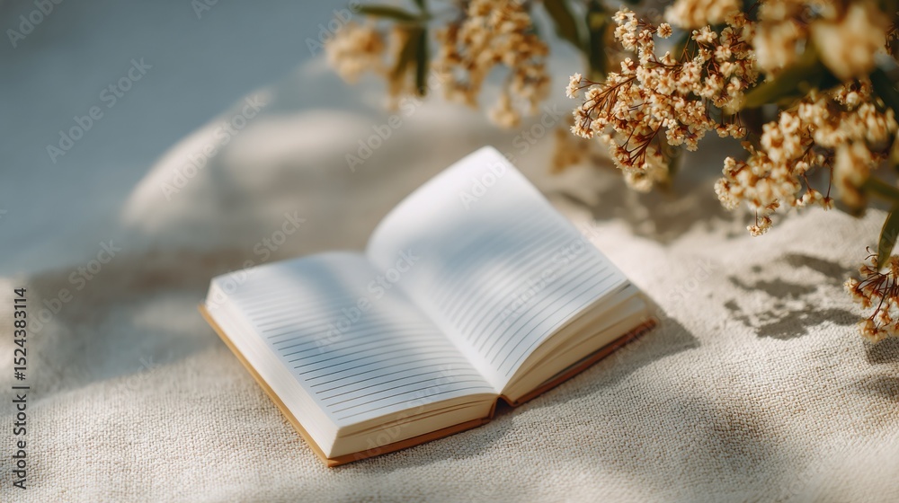 Poster open notebook with blank pages and dried flowers in sunlight, representing journaling, reflection an