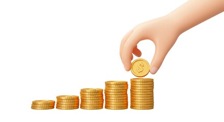 Hand placing a gold coin atop increasing stacks of coins on white background