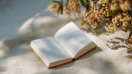 Fototapeta premium Open Notebook With Blank Pages and Dried Flowers in Sunlight, Representing Journaling, Reflection and Personal Growth, Ideal for Wellness Content : Generative AI