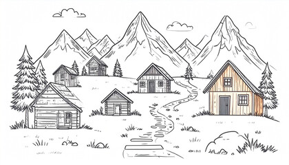 Sketch of a quaint mountain village nestled amongst towering peaks, featuring rustic wooden houses connected by a winding path