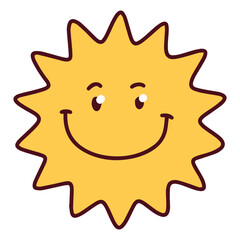 Yellow sun with zigzag edges and wide smile, happy round eyes and warm expression, simple friendly illustration