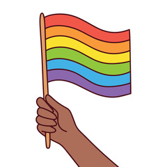 Bkack brown Dark skinned woman man. Dark-skinned hand holds rainbow flag. Emphasizes LGBT pride, inclusion, and racial diversity in activism and visibility