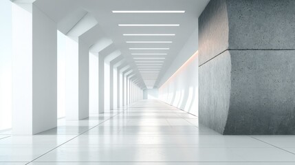 Fototapeta premium Bright White Hallway With Concrete Column, Showcasing Minimalist Architecture and Modern Office Space Design, Ideal for Real Estate or Corporate Branding : Generative AI