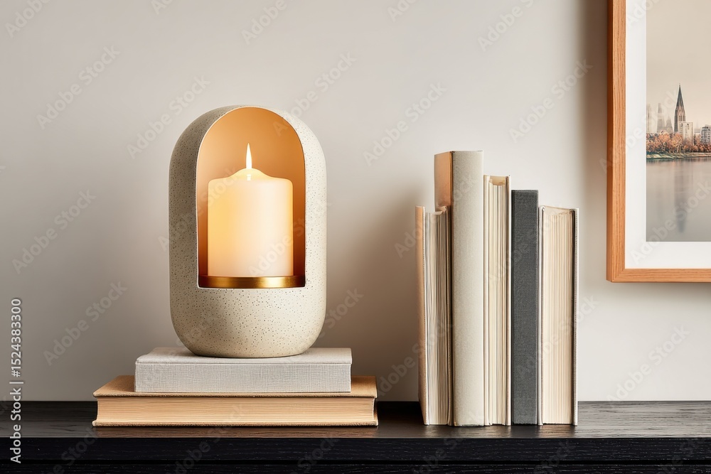 Poster candleholder with burning candle on stack of books, representing relaxation and home decor, with pic