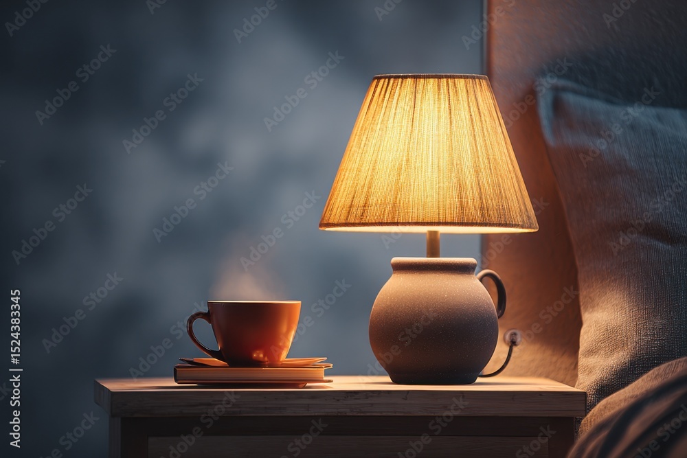 Poster steaming cup of coffee and lamp on nightstand, evoking relaxation and cozy atmosphere for wellness c