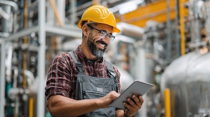 Smiling Factory Worker Using Digital Tablet for Monitoring Tasks