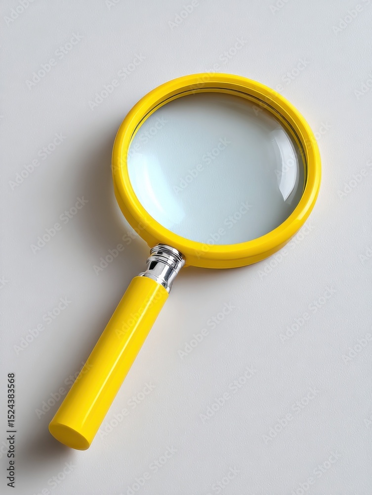 Poster yellow magnifying glass on white surface, symbolizing investigation and meticulous research in busin