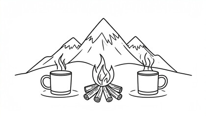 Simple line drawing of a mountain scene with two steaming mugs flanking a campfire