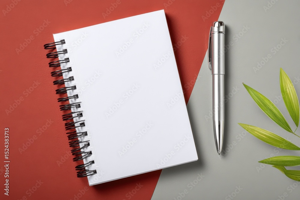 Poster blank notebook with pen and greenery on modern background, ideal for back to school, creative writin