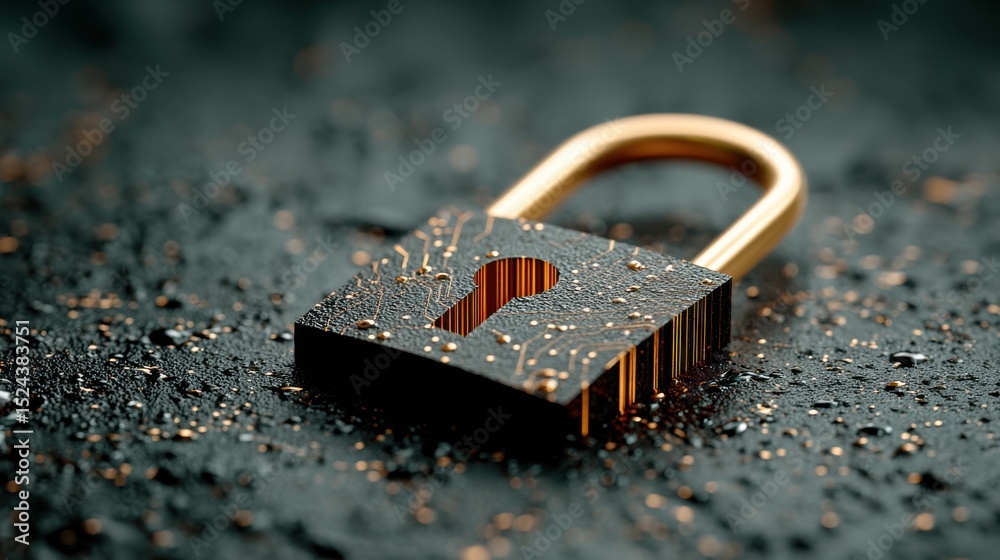 Poster Digital Padlock With Circuitry and Golden Handle on Dark Surface, Representing Cybersecurity and Data Protection Solutions for Business : Generative AI