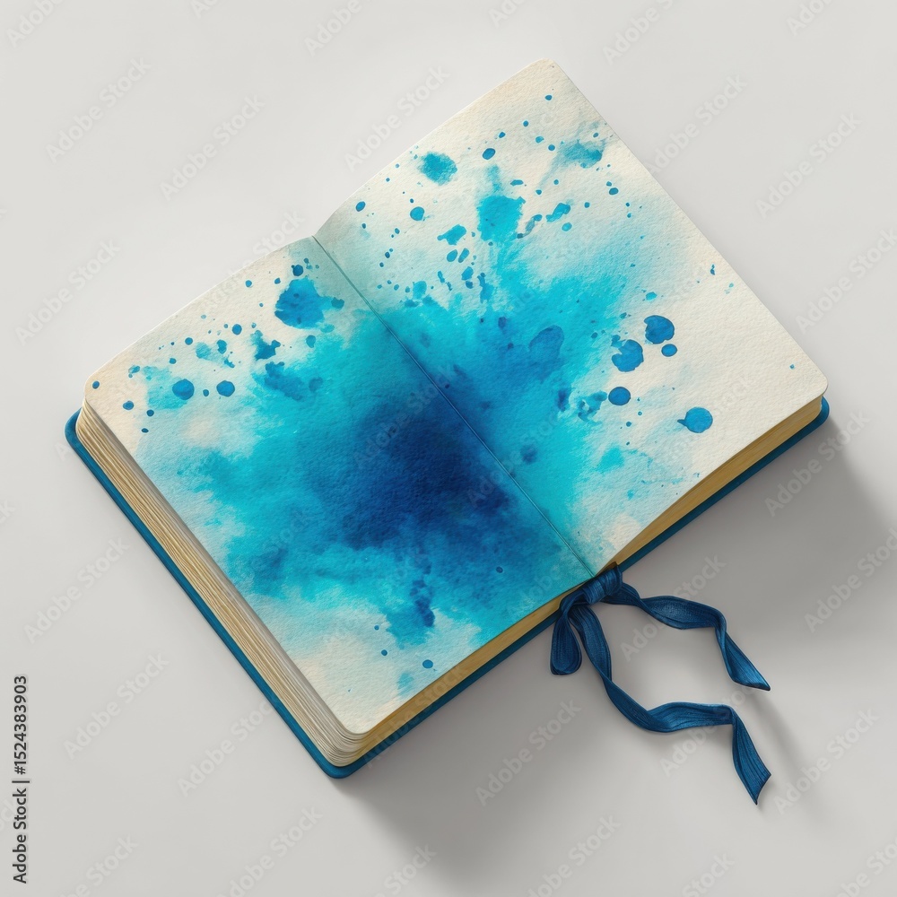 Poster open journal with blue watercolor splash, representing creative expression and artistic inspiration 