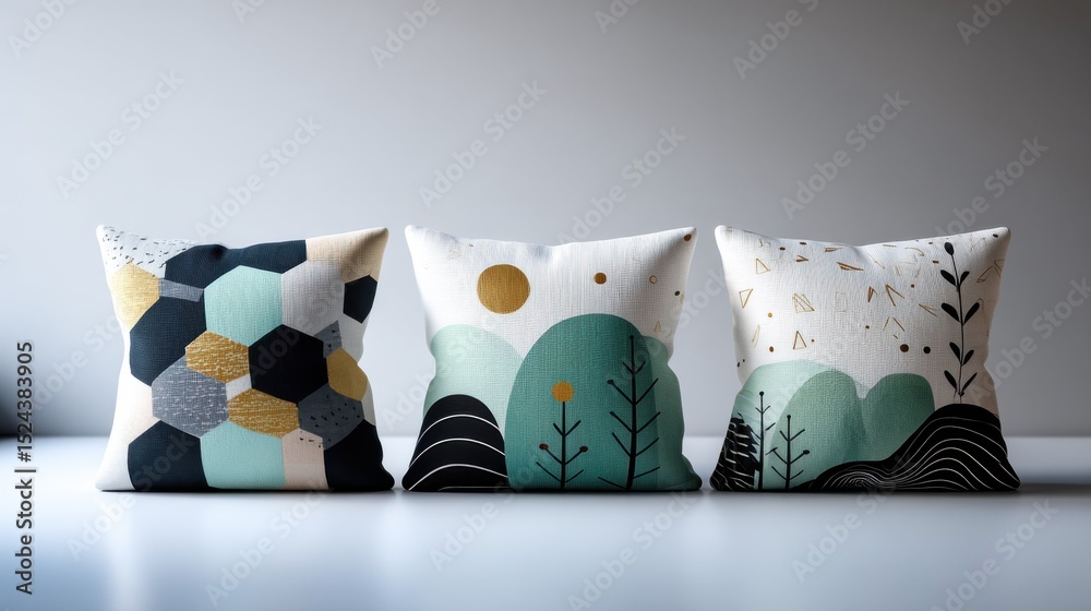 Poster three decorative cushions with abstract geometric patterns, showcasing modern interior design and ar