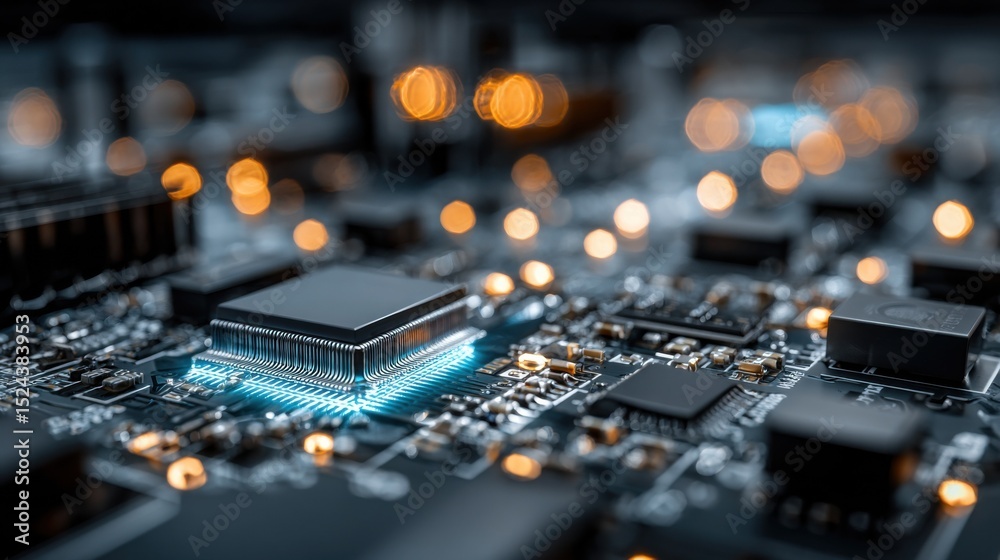 Fototapete Illuminated Microchip on Circuit Board, Representing Technological Innovation and Digital Transformation in the Age of Artificial Intelligence : Generative AI