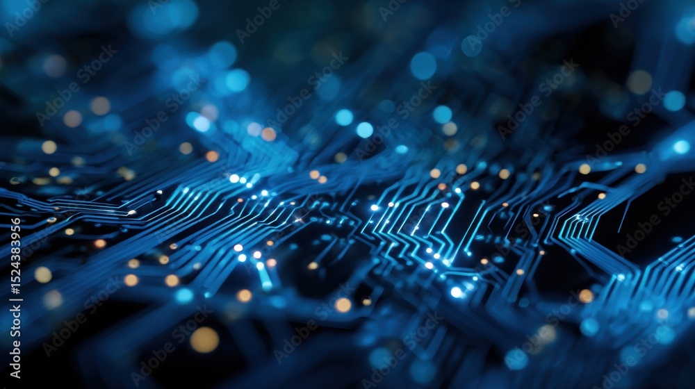 Aufkleber Glowing Blue Circuit Board Close-Up, Illustrating Technological Advancement and Digital Transformation in Business : Generative AI