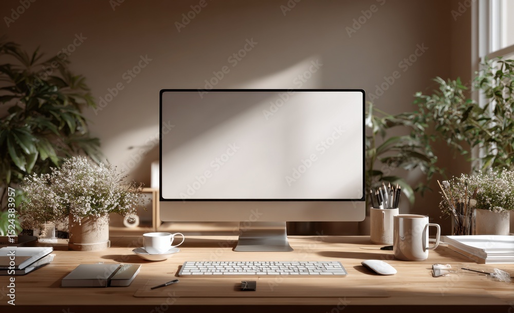 Poster modern computer on wooden desk with coffee and plants, representing workplace productivity and digit