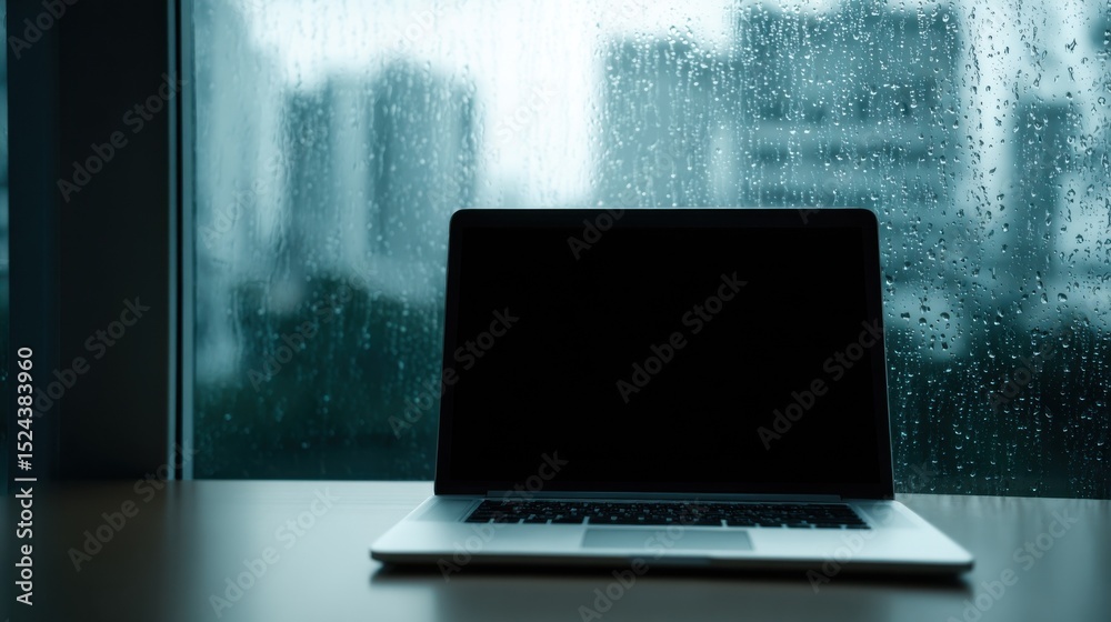 Poster laptop on desk near window on rainy day, representing remote work and digital communication during b