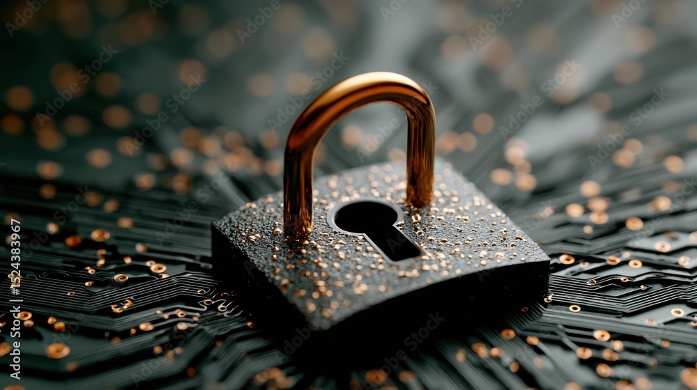 Poster Golden Padlock on Circuit Board, Symbolizing Cybersecurity and Data Protection for Digital Transformation and Secure Communication : Generative AI