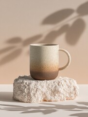 Ceramic Mug on Stone Pedestal With Leaf Shadows, Showcasing Minimalist Design and Product Presentation for Online Retail : Generative AI