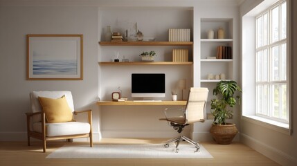 Modern Home Office With Computer and Shelves, Representing Productivity and Remote Work Lifestyle, Ideal for Interior Design and Real Estate Marketing : Generative AI