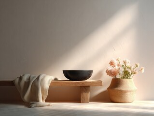 Minimalist Interior With Wooden Bench, Bowl, and Flowers, Showcasing Home Decor and Serene Lifestyle Choices for Interior Design Projects : Generative AI