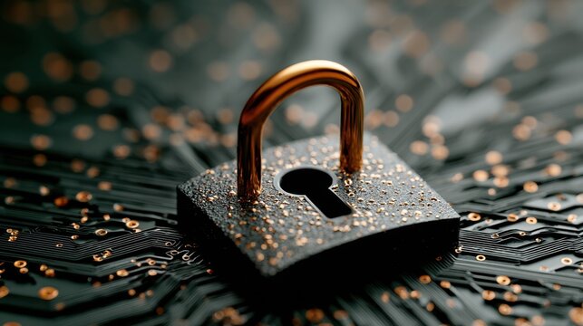 Golden Padlock on Circuit Board, Symbolizing Cybersecurity and Data Protection for Digital Transformation and Secure Communication : Generative AI