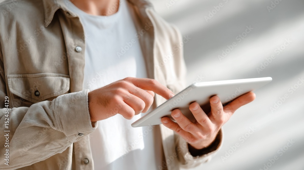 Poster Man Using Tablet Device, Representing Digital Transformation and Modern Communication, Perfect for Technology and Business Applications in a Bright Environment : Generative AI