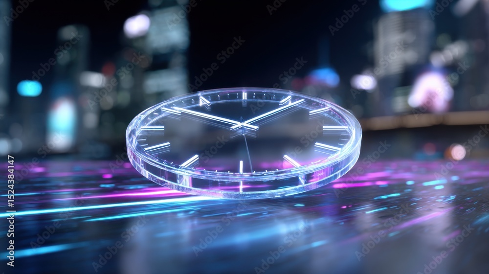 Poster futuristic clock floating over neon cityscape at night, illustrating time management and technologic