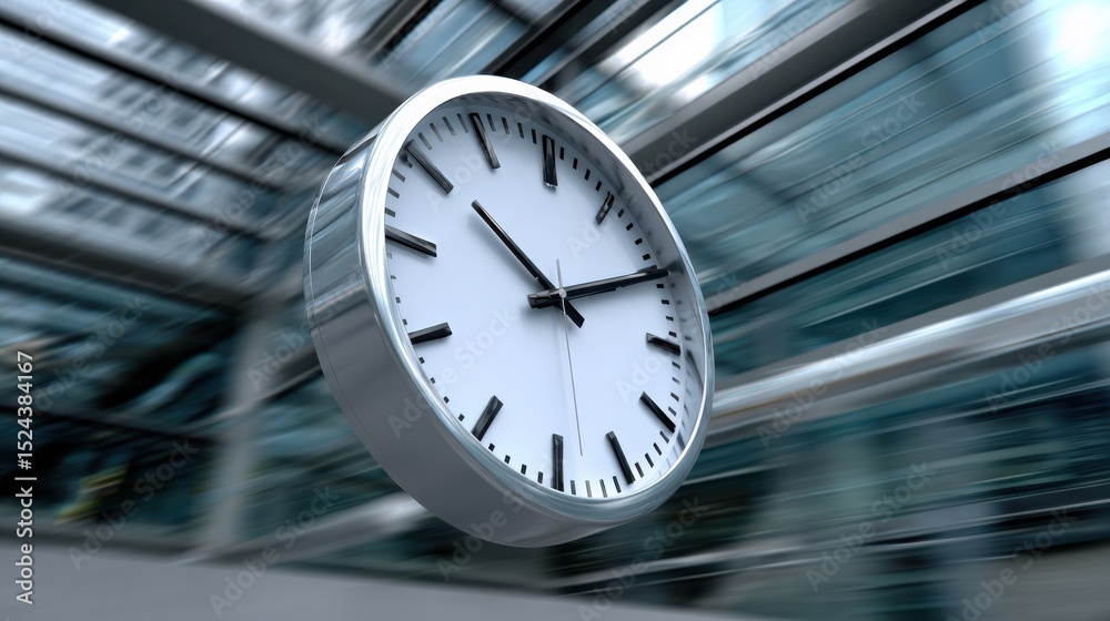 Poster clock floating in modern office building, illustrating time management and deadline urgency for busi