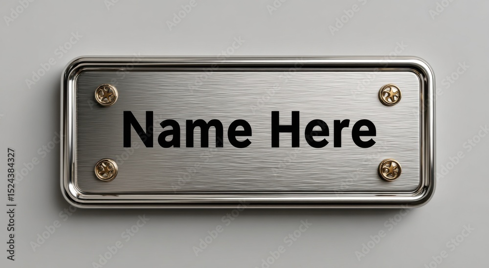 Poster brushed metal nameplate with golden screws on wall, ideal for corporate identity and personalized br