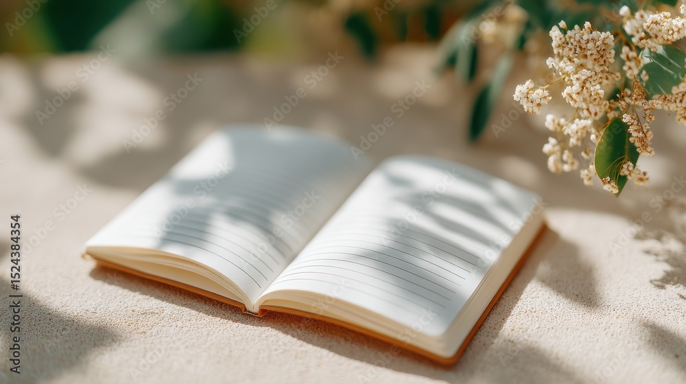 Poster open notebook on beige surface with floral accent in soft light, representing mindfulness and person