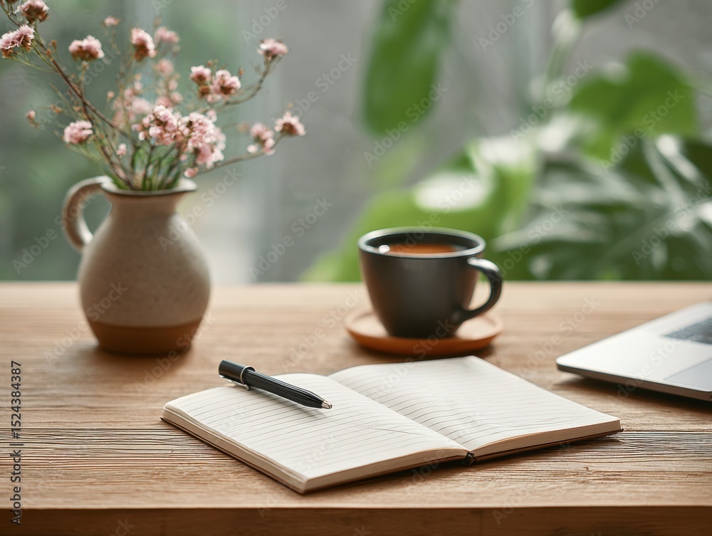 Poster wooden desk with open notebook, pen, and coffee cup, representing productivity and remote work lifes