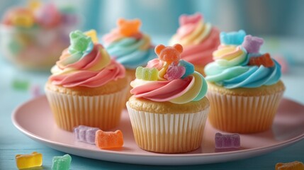 Pastel Rainbow Cupcakes Topped With Gummy Bears on Pink Plate, Representing Childhood Joy and Sweet Celebration : Generative AI