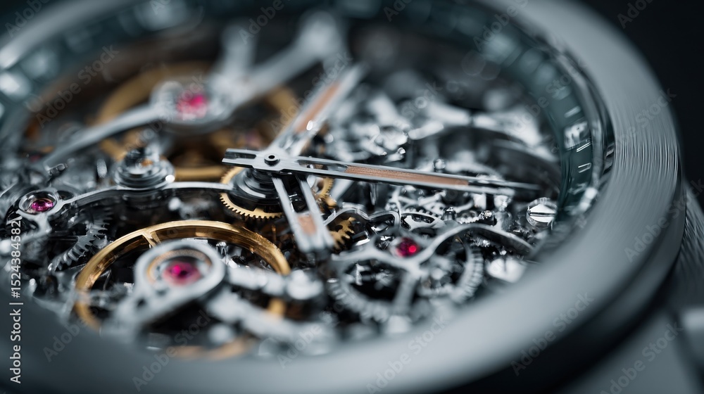 Poster Close-Up of Watch Mechanism With Gears and Cogs, Symbolizing Precision Engineering and Time Management, Ideal for Business and Financial Concepts : Generative AI