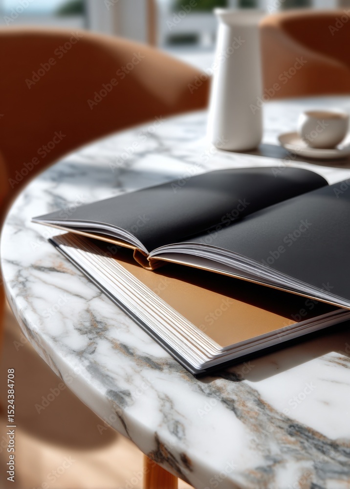 Aufkleber Open Book With Blank Pages on Marble Table in Cafe, Representing Creativity and Self-Publishing : Generative AI