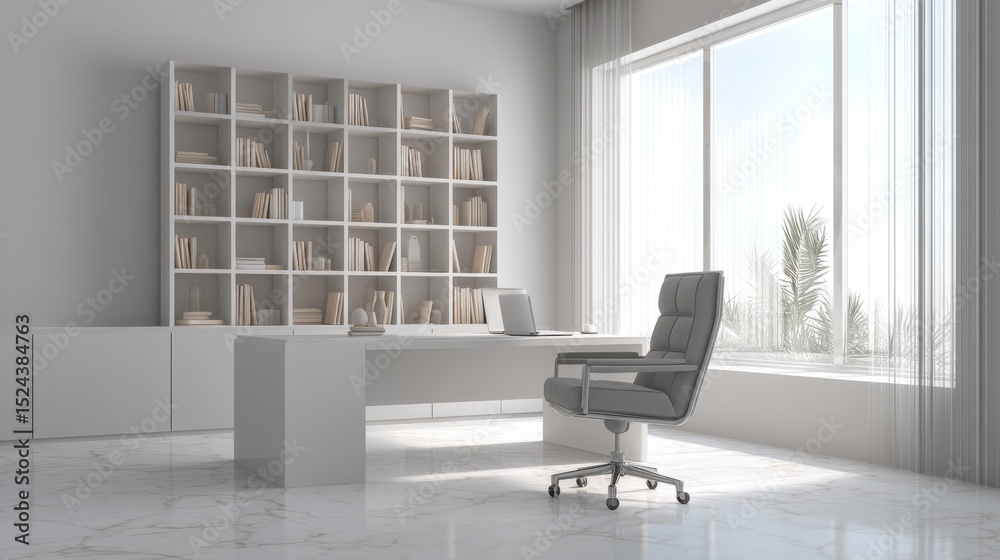 Poster minimalist home office with bookshelf and laptop, representing productivity and professional workspa