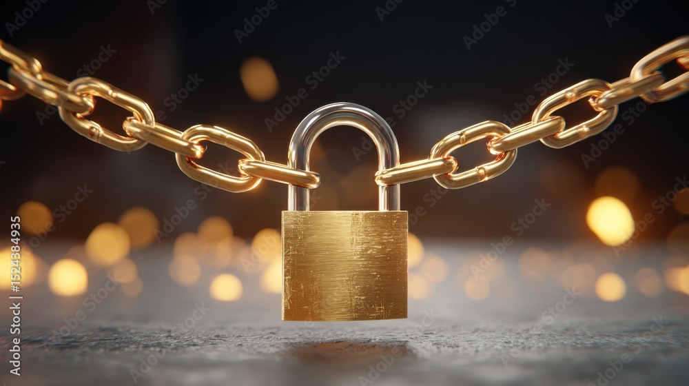 Poster golden padlock and chain on dark background, symbolizing security and data protection for cybersecur