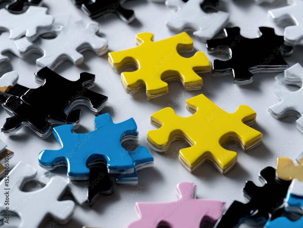 Poster colorful puzzle pieces on white surface, symbolizing problem solving and strategic planning for busi
