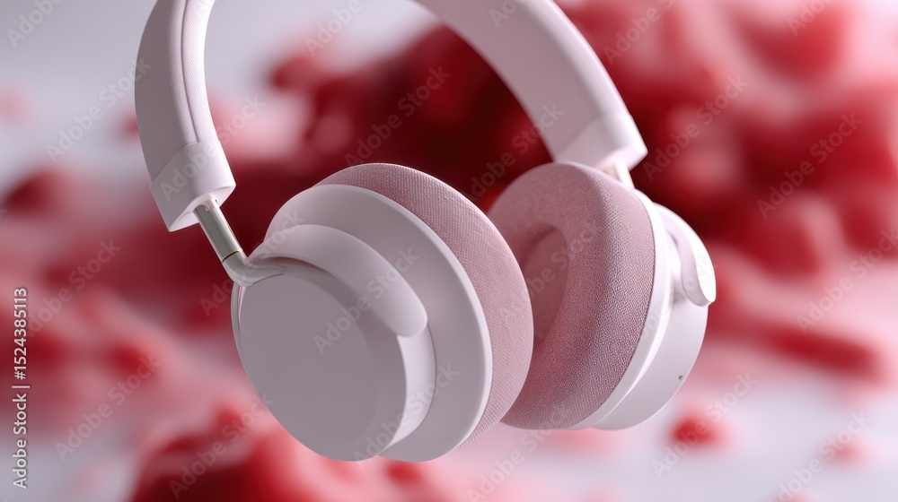 Poster pink headphones floating on soft red background, representing audio technology and immersive enterta