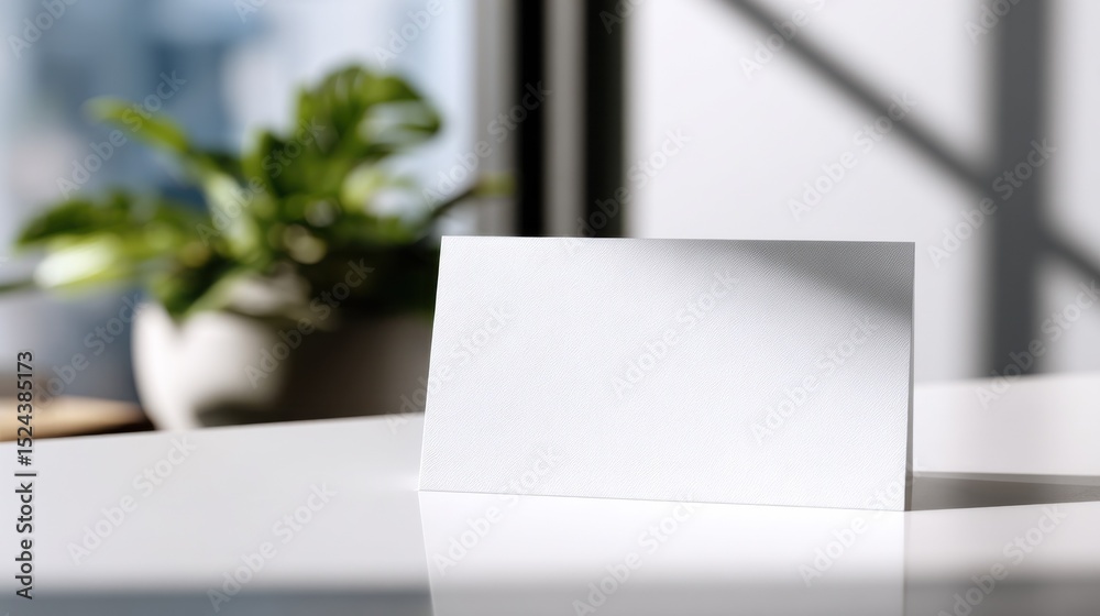 Poster blank white card on desk with plant, ideal for personalized message and business communication, repr