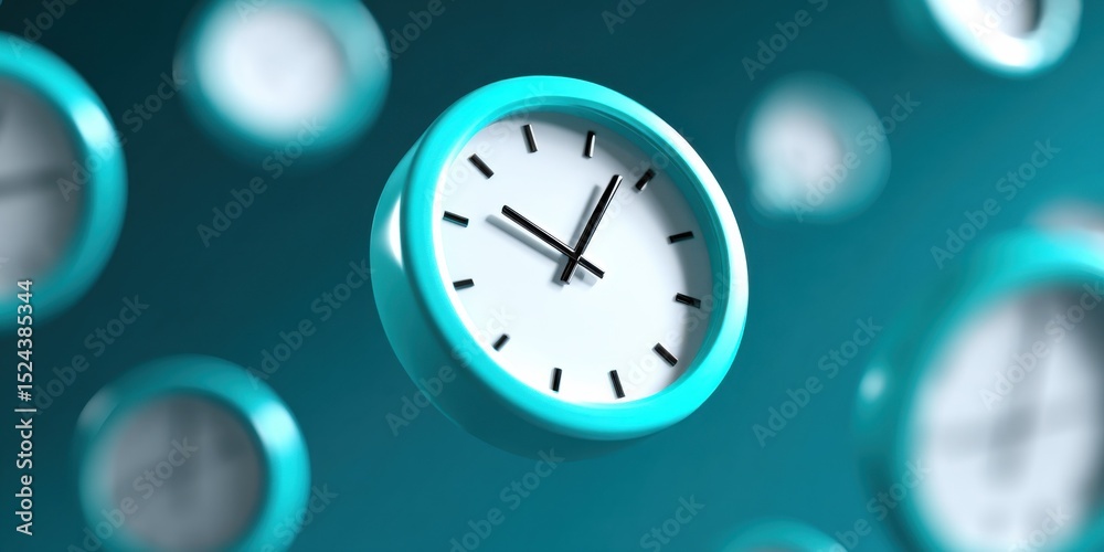 Poster Turquoise Clocks Floating in Teal Space, Symbolizing Deadlines and Time Management for Business and Productivity : Generative AI