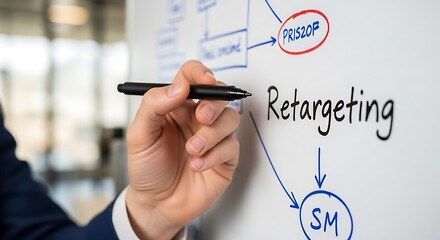 Marketing professional planning digital retargeting strategy on a whiteboard diagram